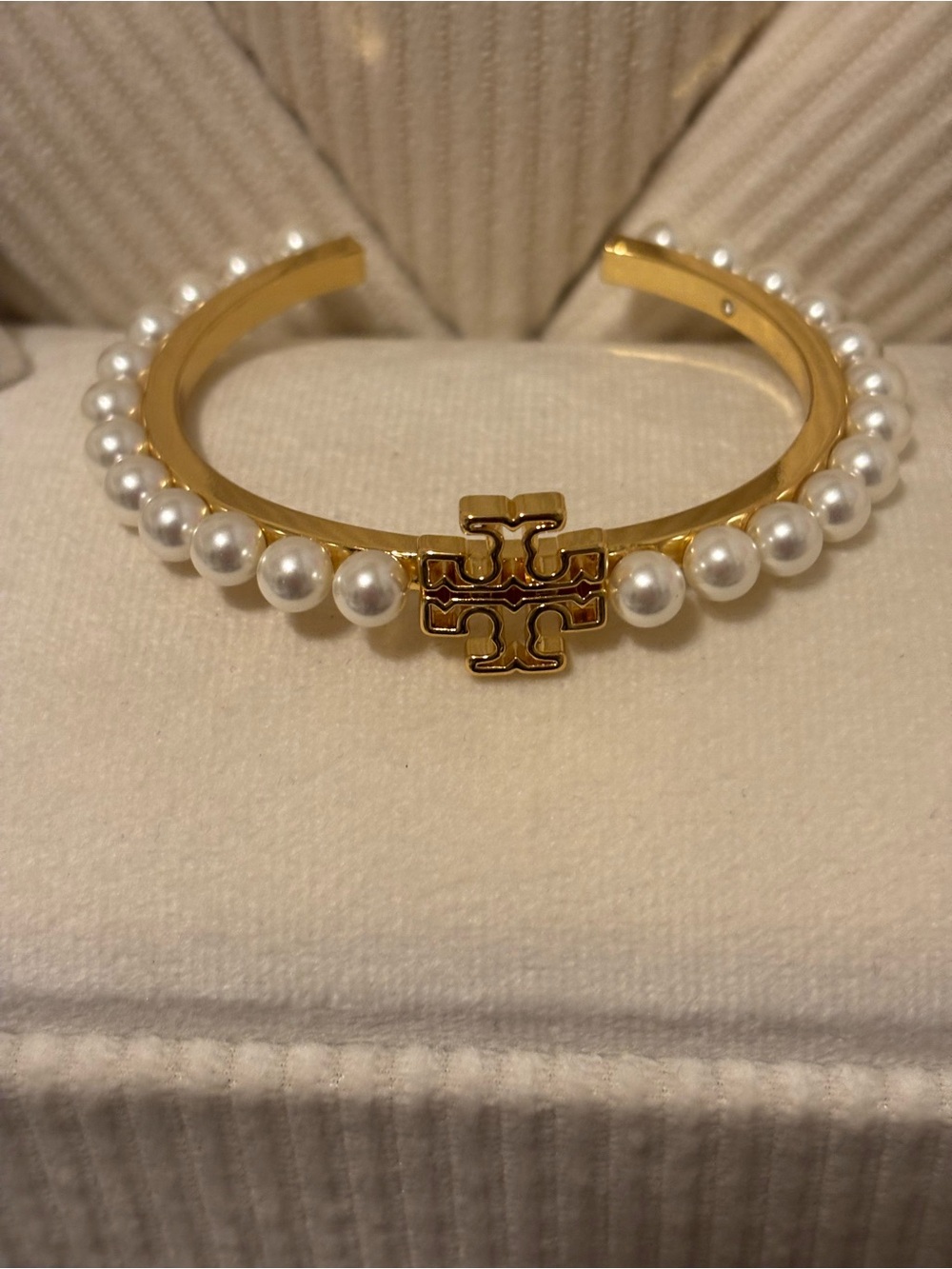 Tory Burch Gold-Tone Pearl Cuff Bracelet with Logo Accent